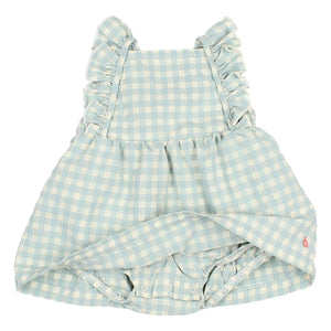 Búho - Vestido enterito de algodón orgánico seersucker con volantes a cuadros | Aqua