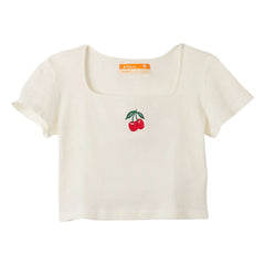 Fabula - Camiseta de canalé con estampado de cerezas | Blanco