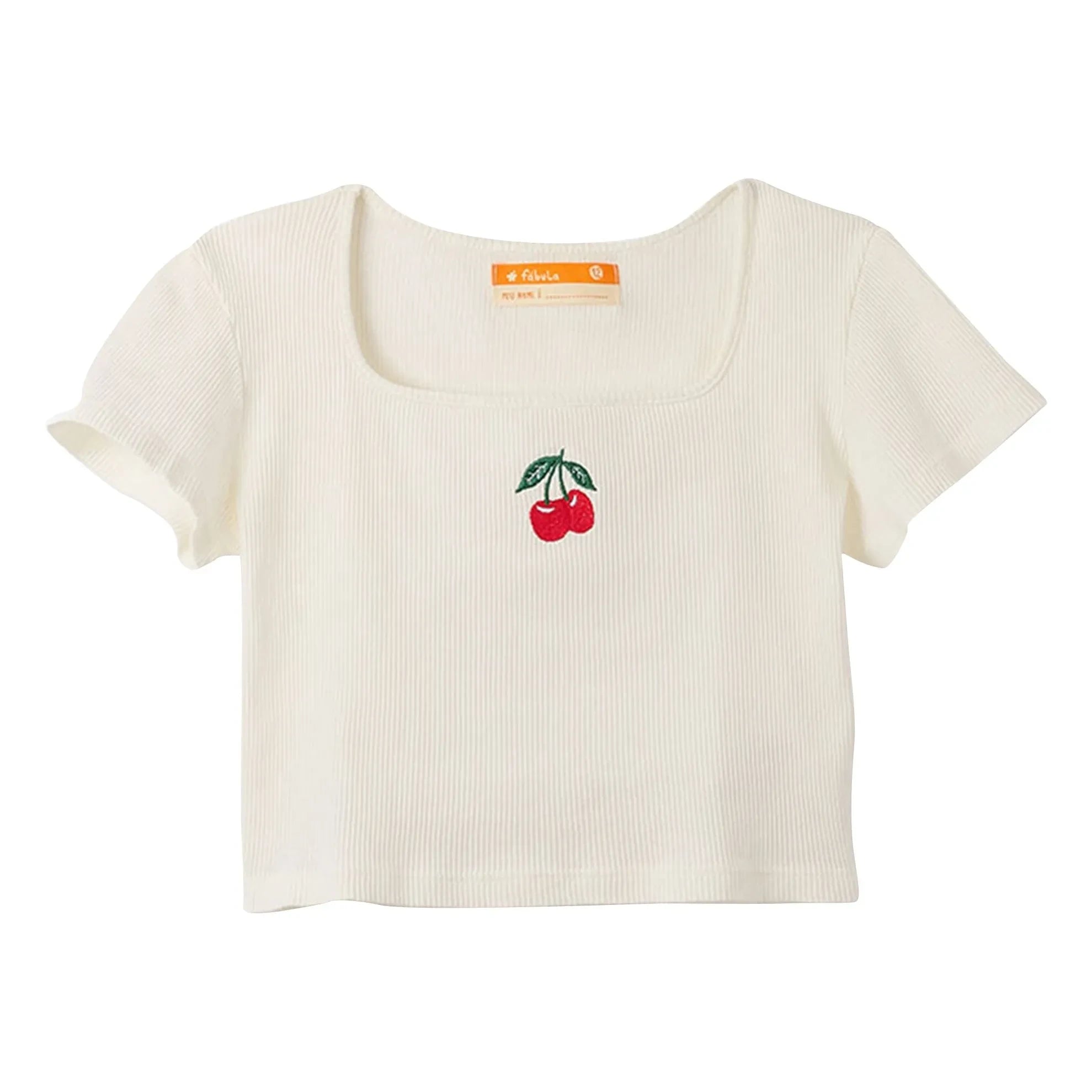 Fabula - Camiseta de canalé con estampado de cerezas | Blanco