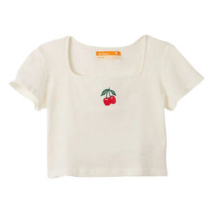 Fabula - Camiseta de canalé con estampado de cerezas | Blanco