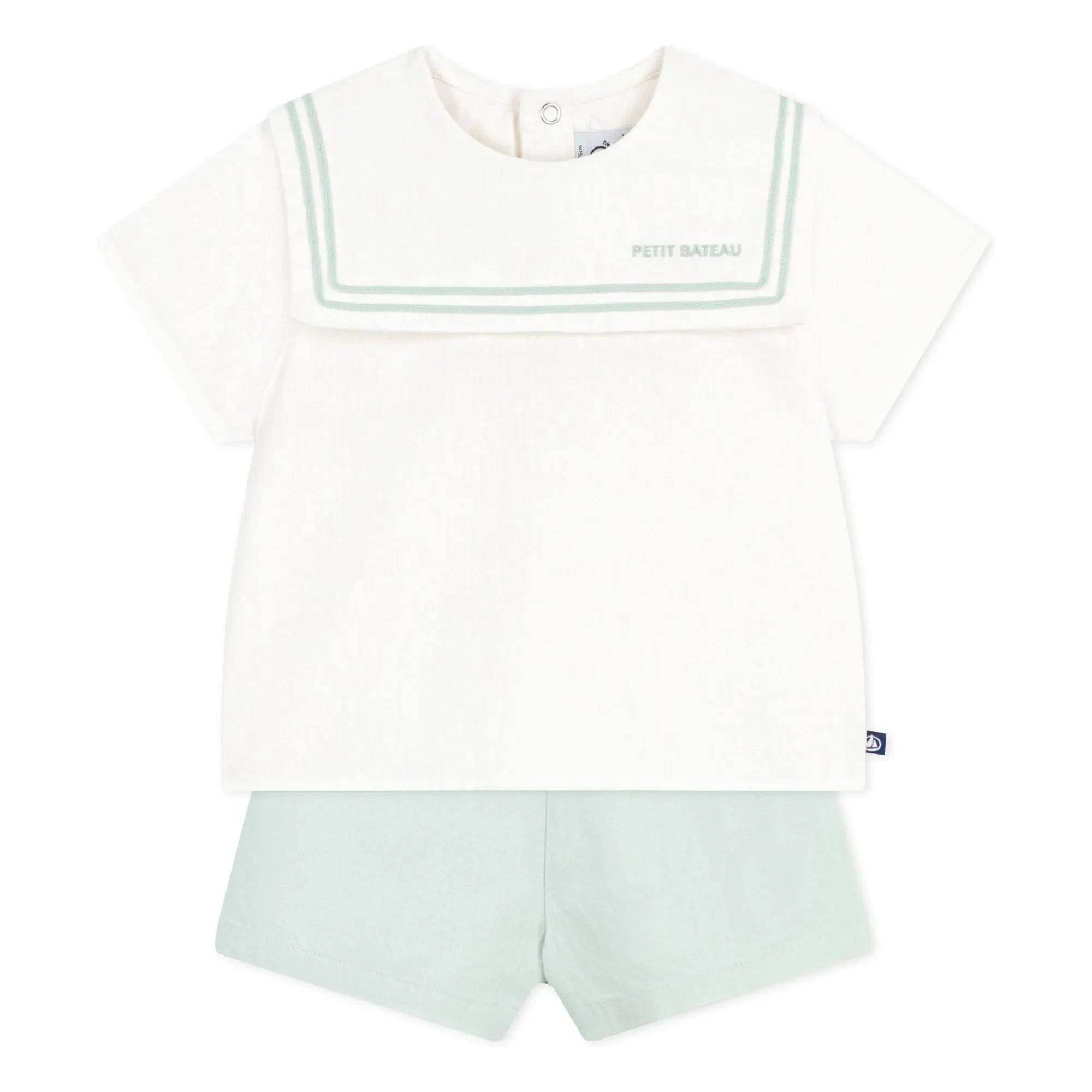 Petit Bateau - Conjunto de top con cuello azul marino y pantalón corto de lino | Sage