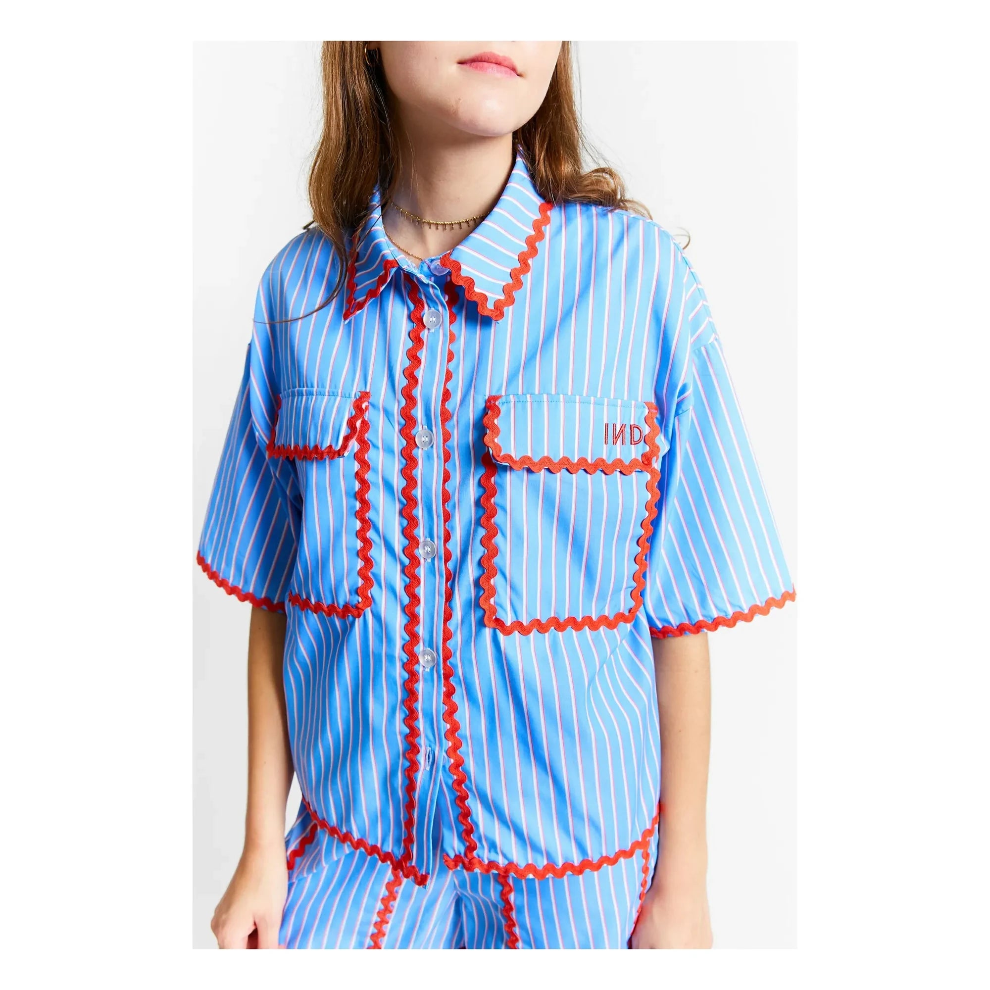 Indee - Camisa a Rayas Contrastantes en los Bordes | Azul