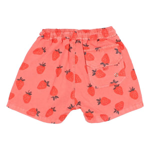 Búho - Bañador de popelín de algodón orgánico con estampado de fresas | Rojo pálido
