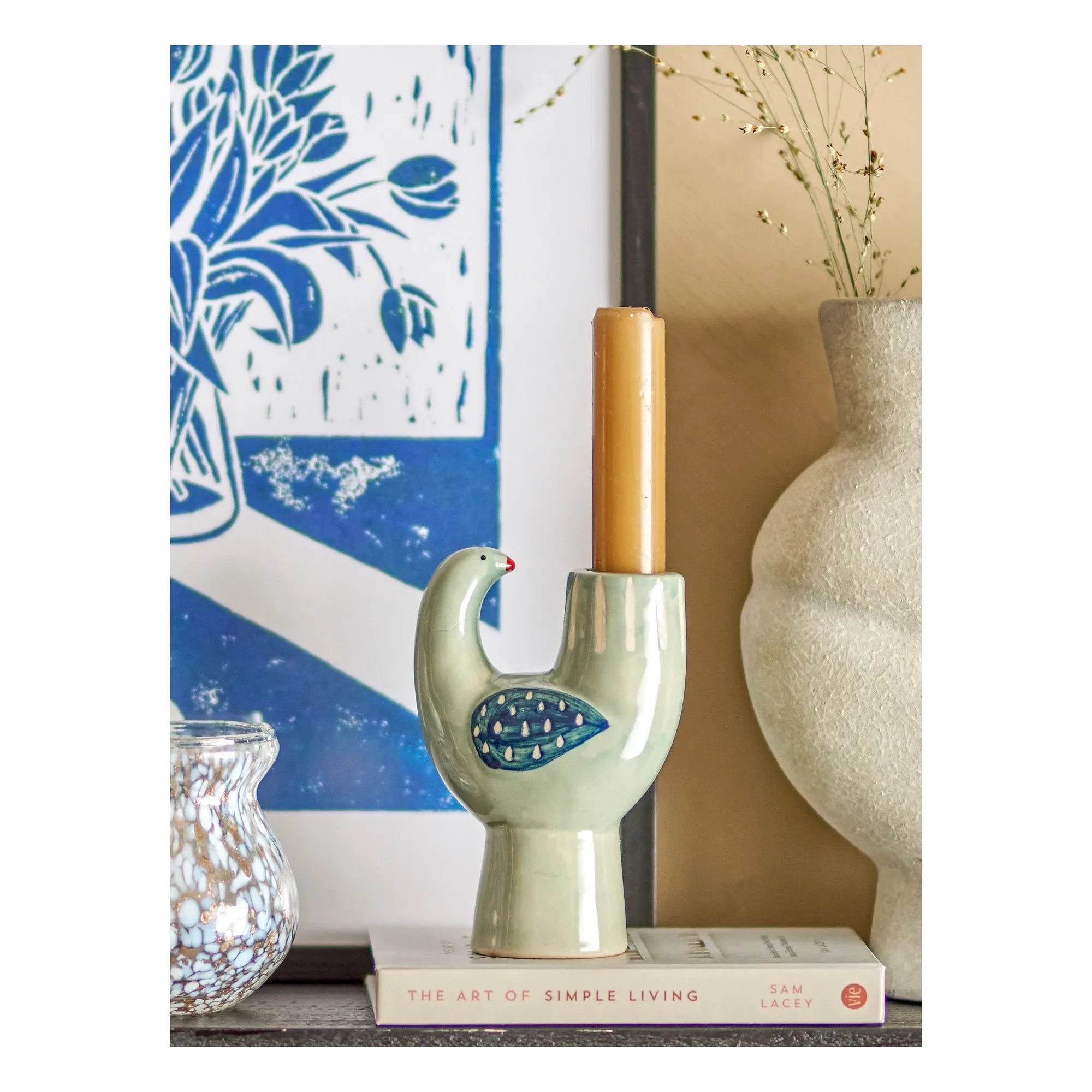 Bloomingville - Candelabro Trudy con forma de pájaro de cerámica de gres | Azul claro