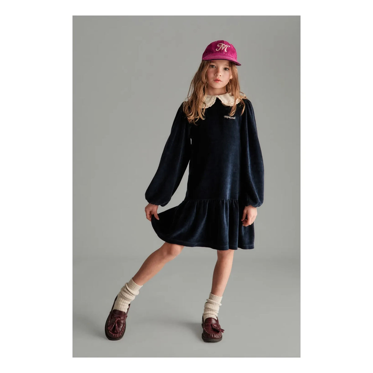 Mipounet - Vestido de terciopelo con cuello Peter Pan Margot | Azul medianoche
