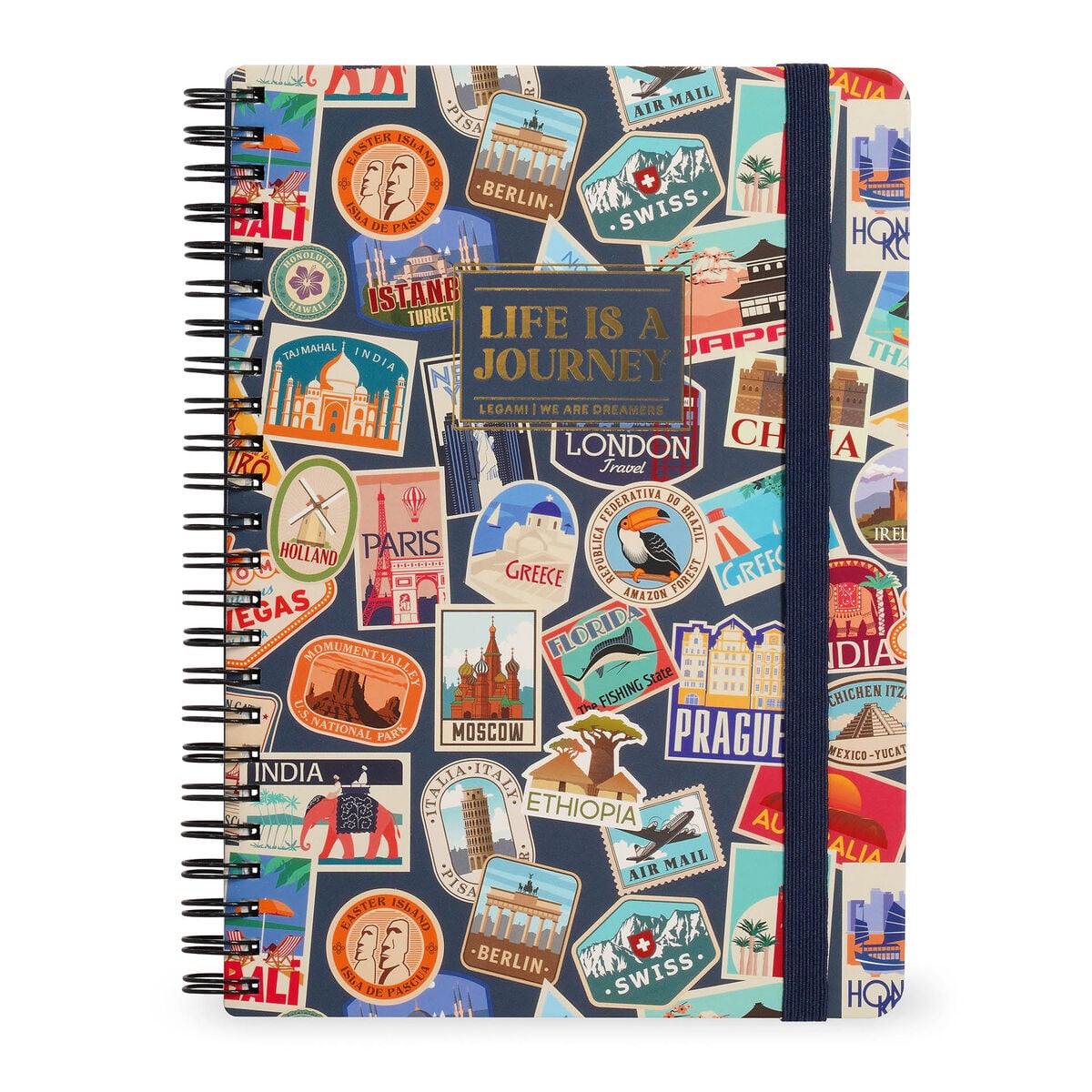 Legami - Cuaderno A4 rayado con tapa dura ilustrada - Pegatinas de viaje - Encuadernación en espiral