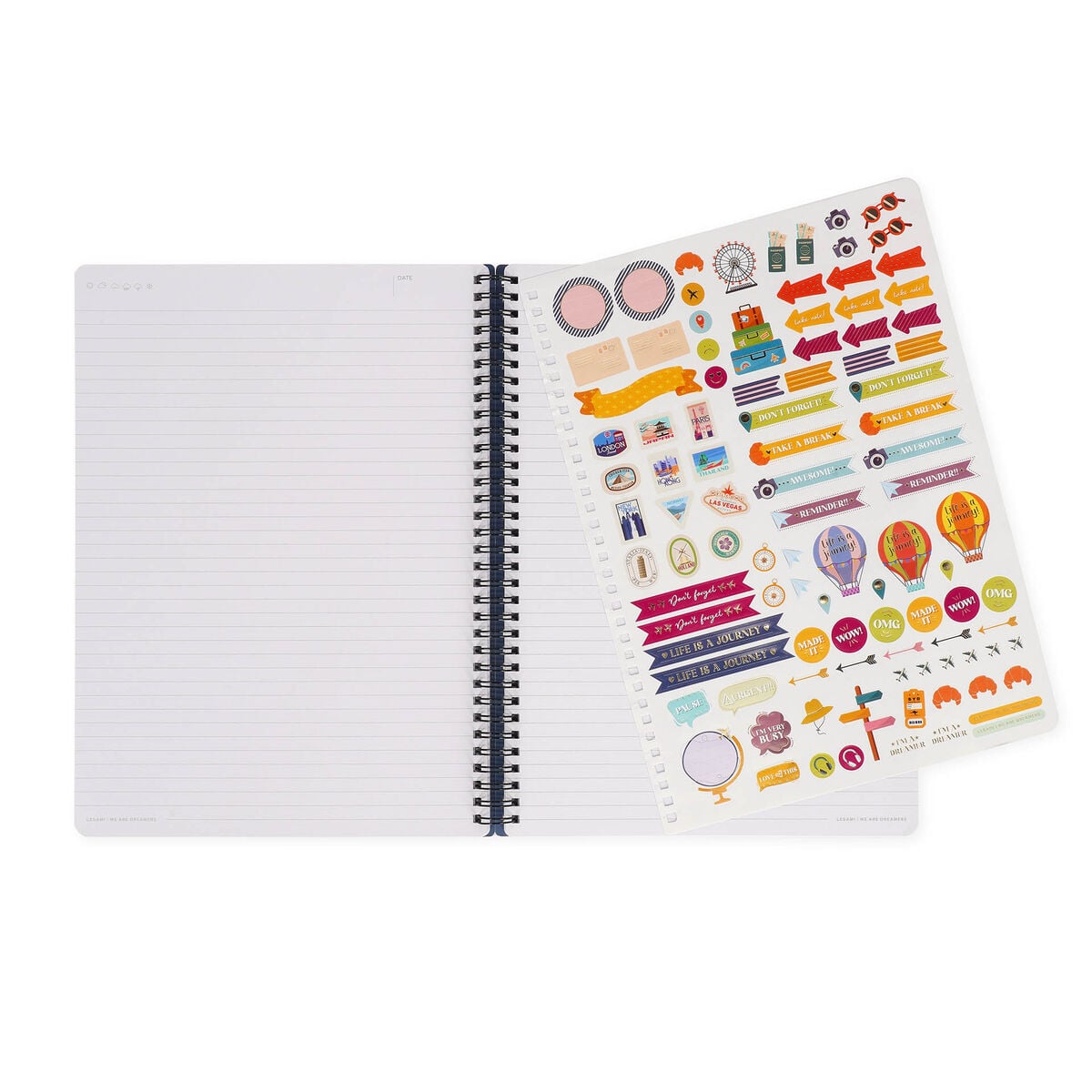 Legami - Cuaderno A4 rayado con tapa dura ilustrada - Pegatinas de viaje - Encuadernación en espiral