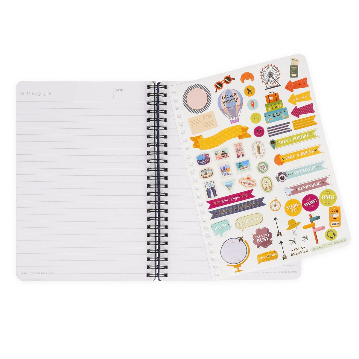 Legami - Cuaderno A5 rayado con tapa dura ilustrada - Pegatinas de viaje - Espiral