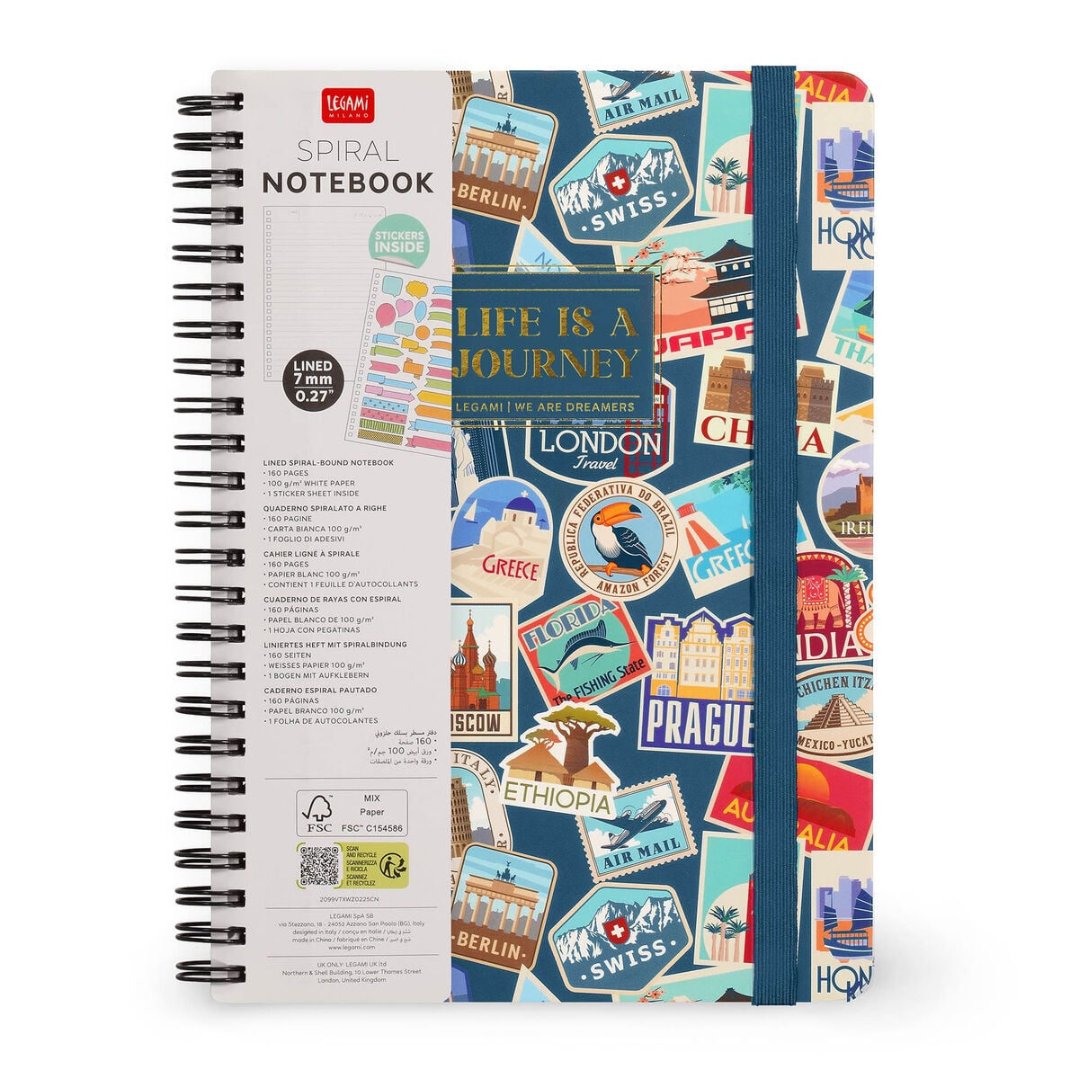 Legami - Cuaderno A5 rayado con tapa dura ilustrada - Pegatinas de viaje - Espiral