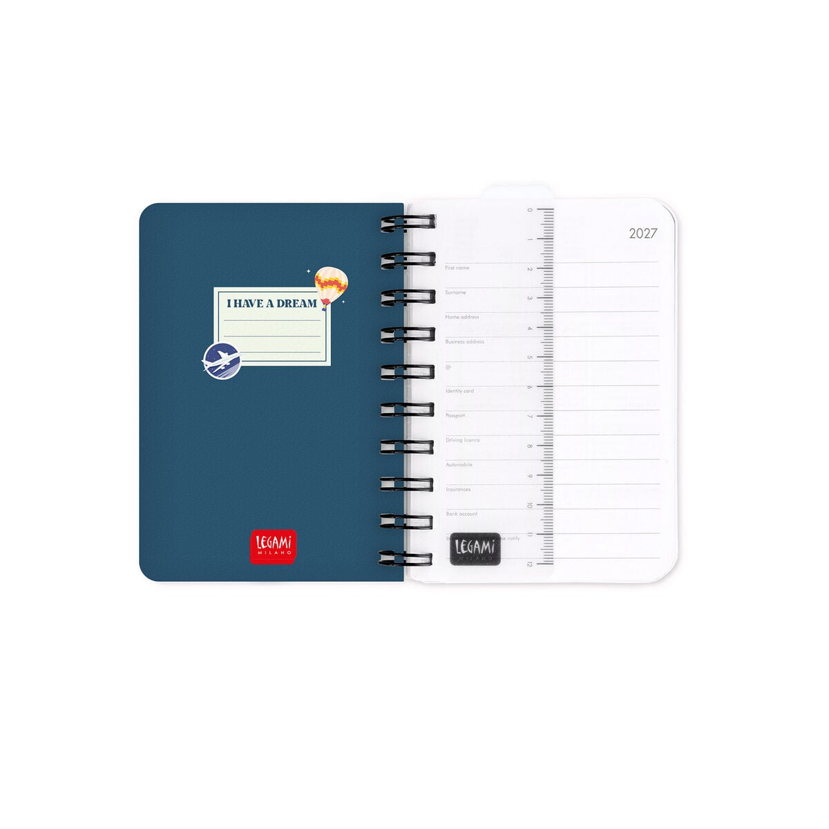 Legami - Agenda Diaria Pequeña de Espiral 12 Meses 2027 - Travel Stickers