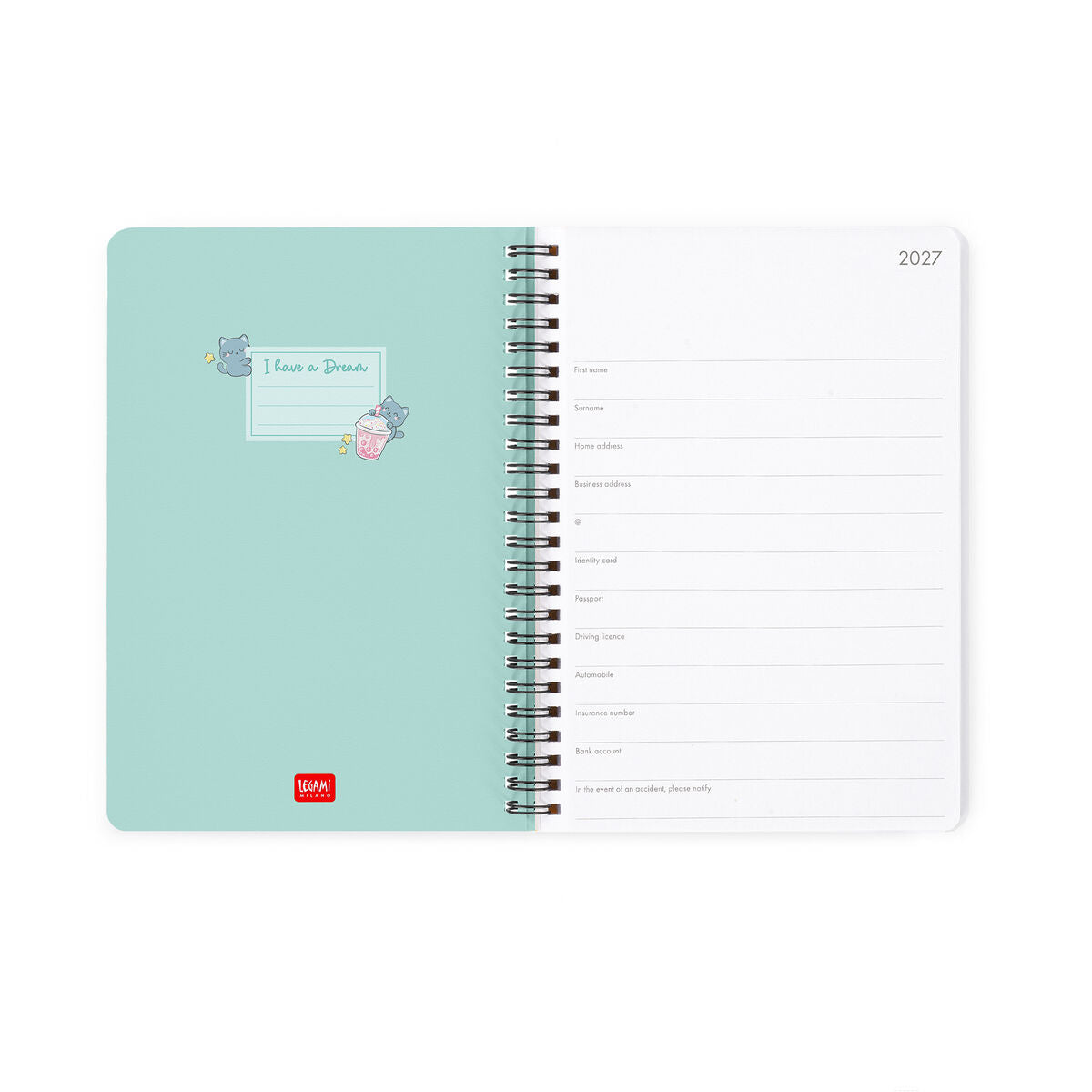 Legami - Agenda Semanal Grande con Espiral de 12 Meses 2027 - Kitty Bubble Tea