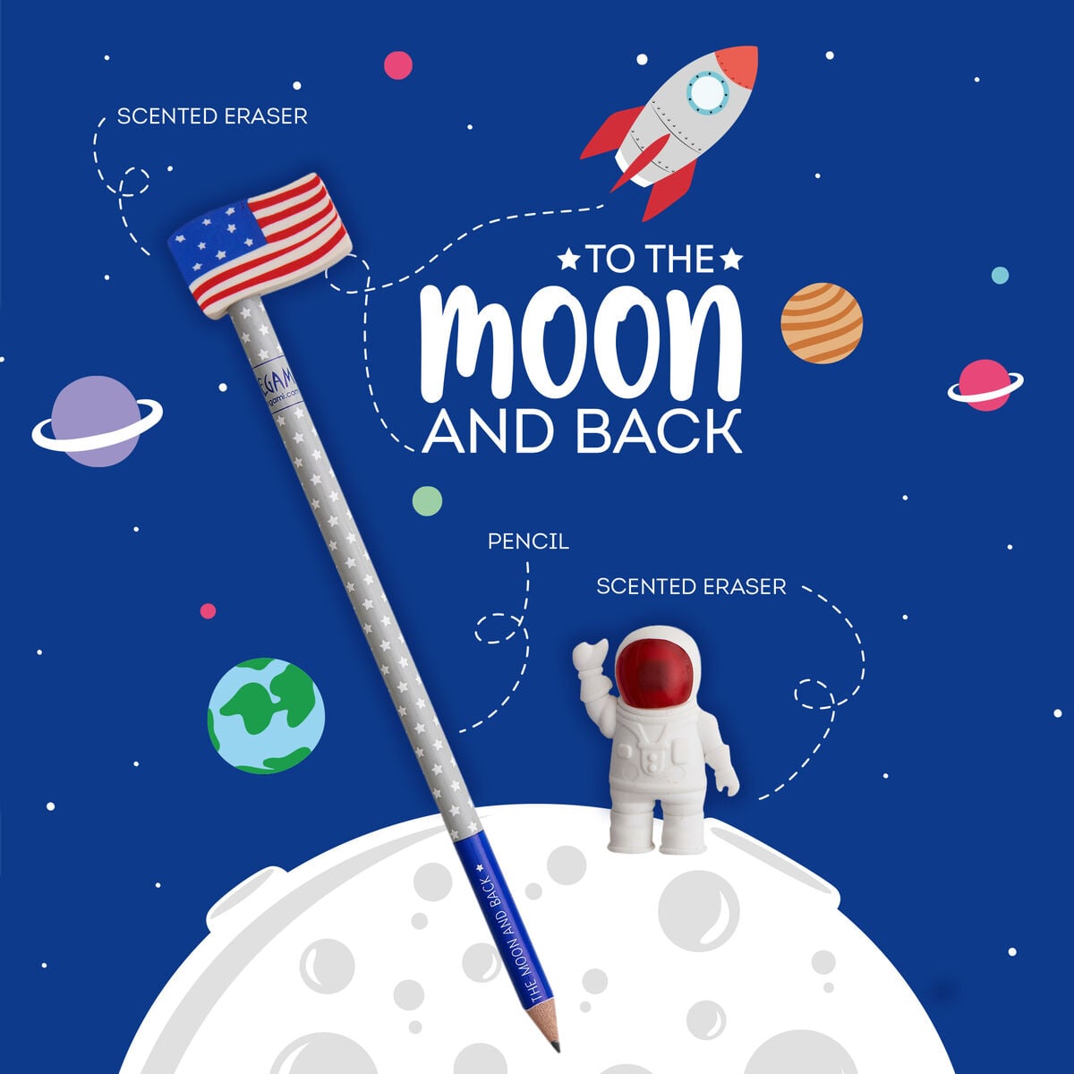 Legami - Set de 2 gomas de borrar y 1 lápiz - To the Moon and Back