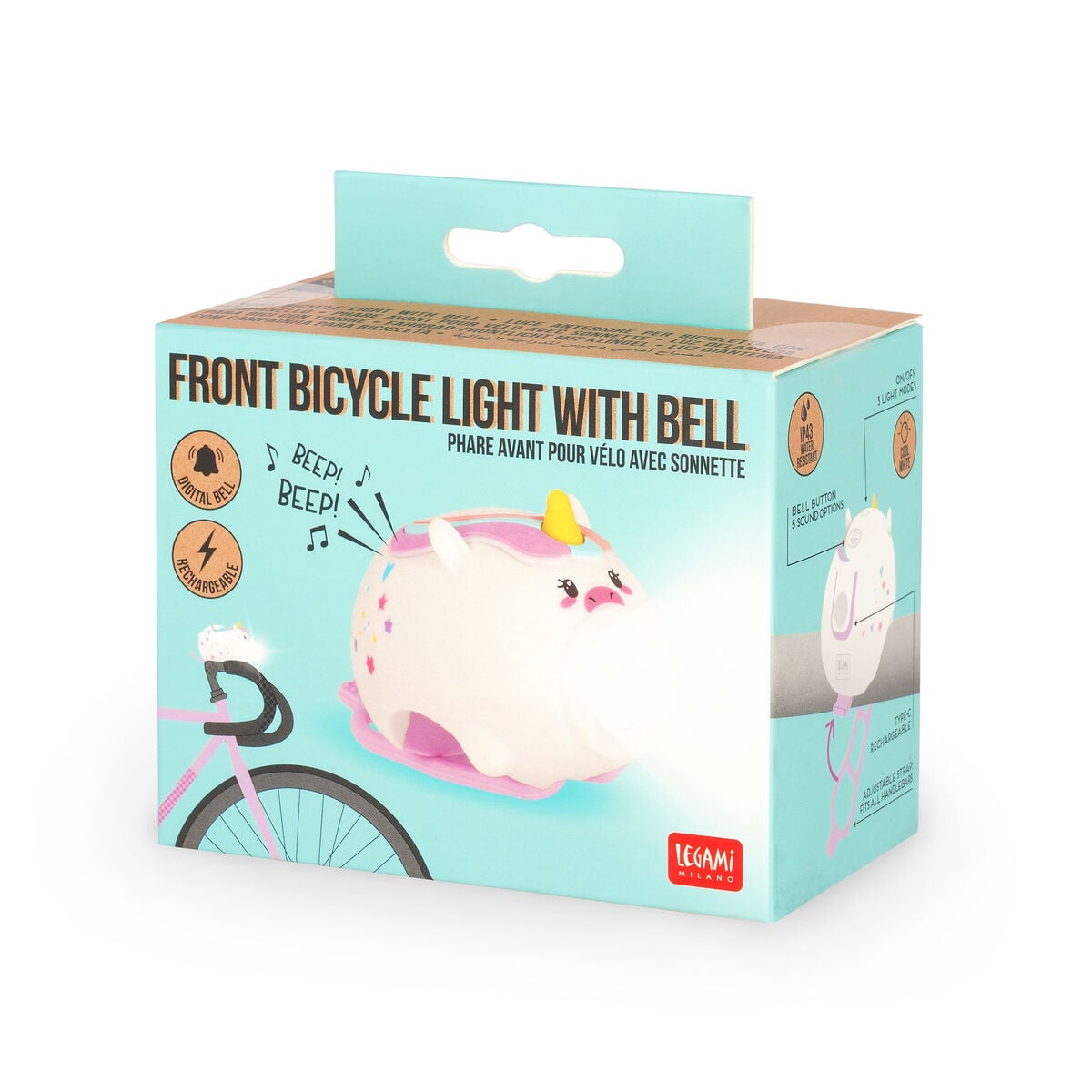Legami - Luz Delantera de Bicicleta y Timbre - Unicornio - Luz Delantera de Bicicleta y Timbre