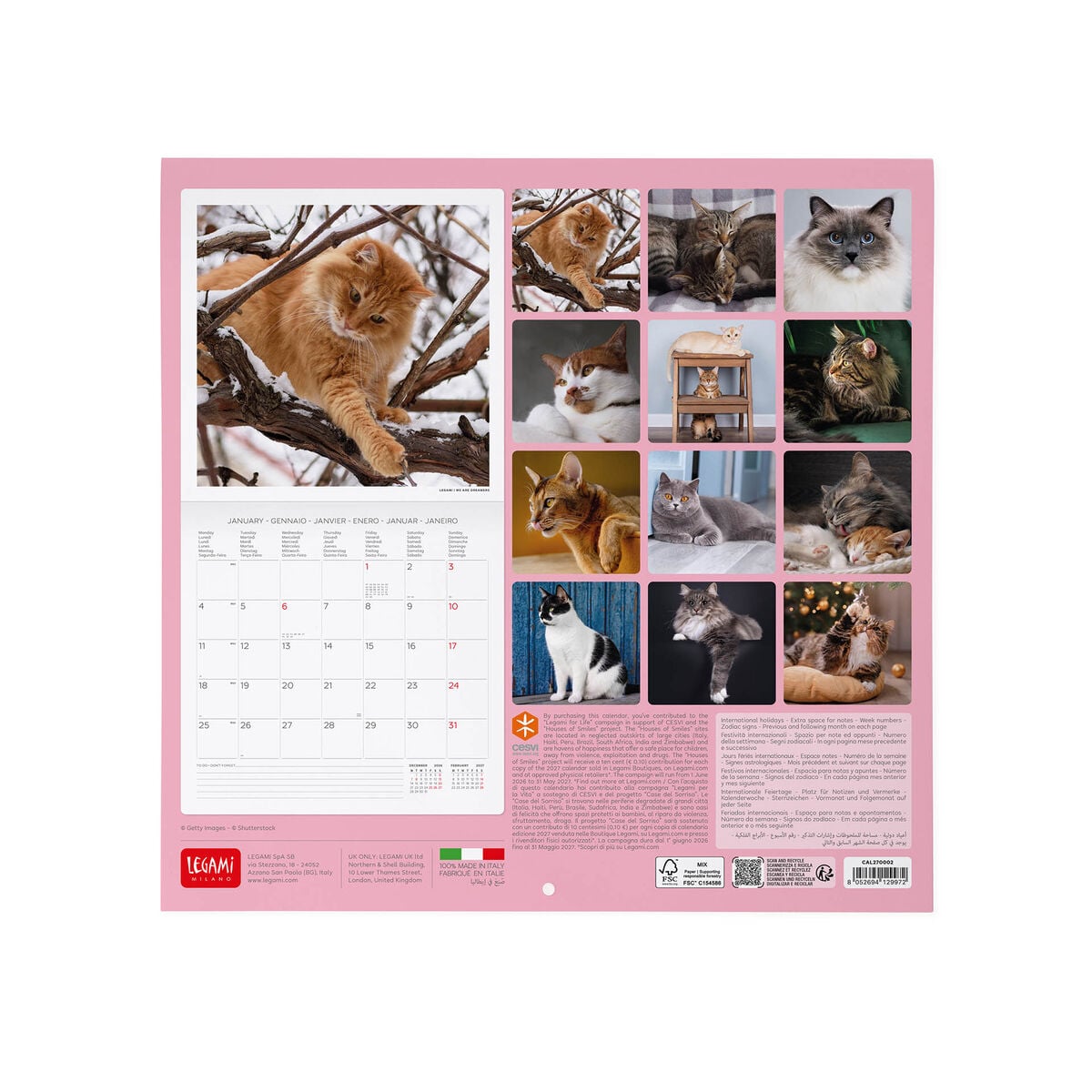 Calendario de pared Legami - Gatos 2027 - 30 x 29 cm