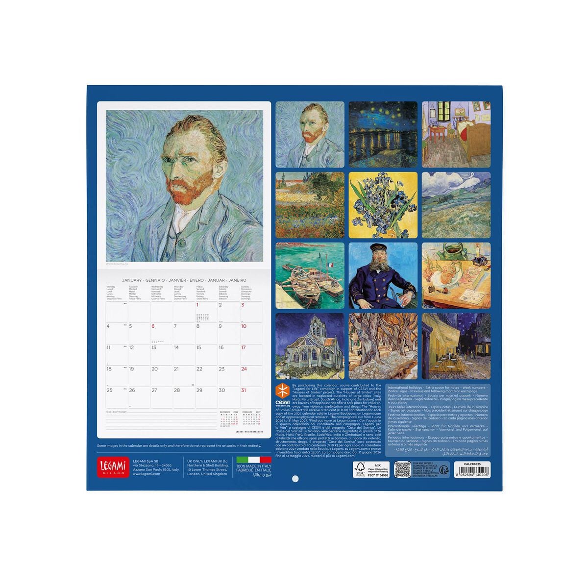 Legami - Calendario de Pared 2027 Vincent Van Gogh - 30 x 29 cm