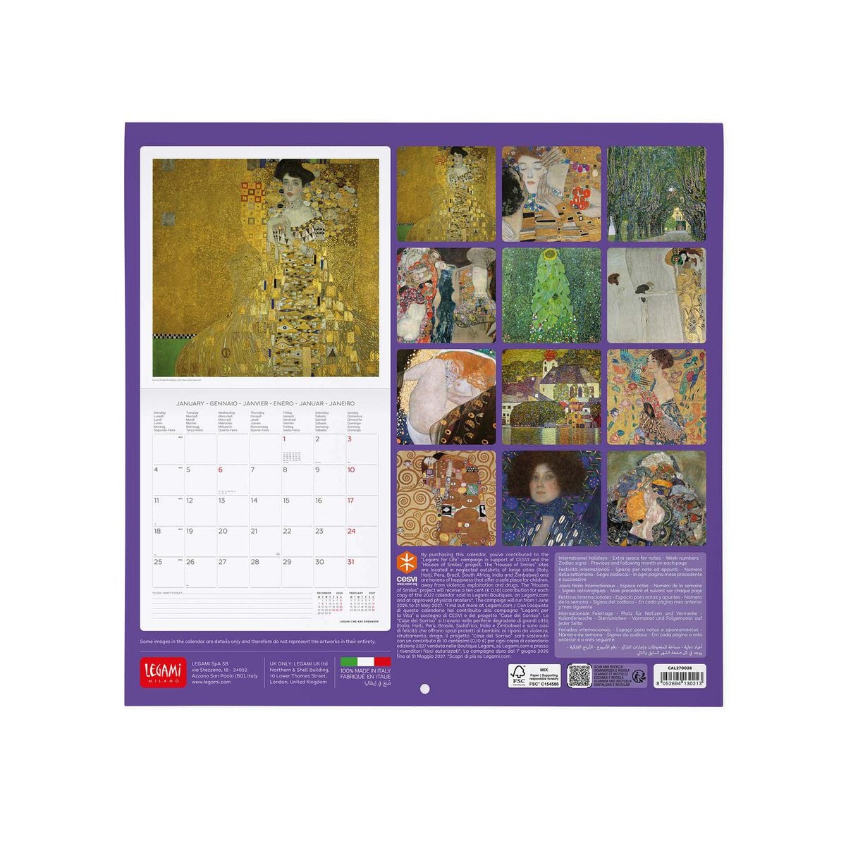 Legami – Calendario de pared Gustav Klimt 2027 – 30 x 29 cm