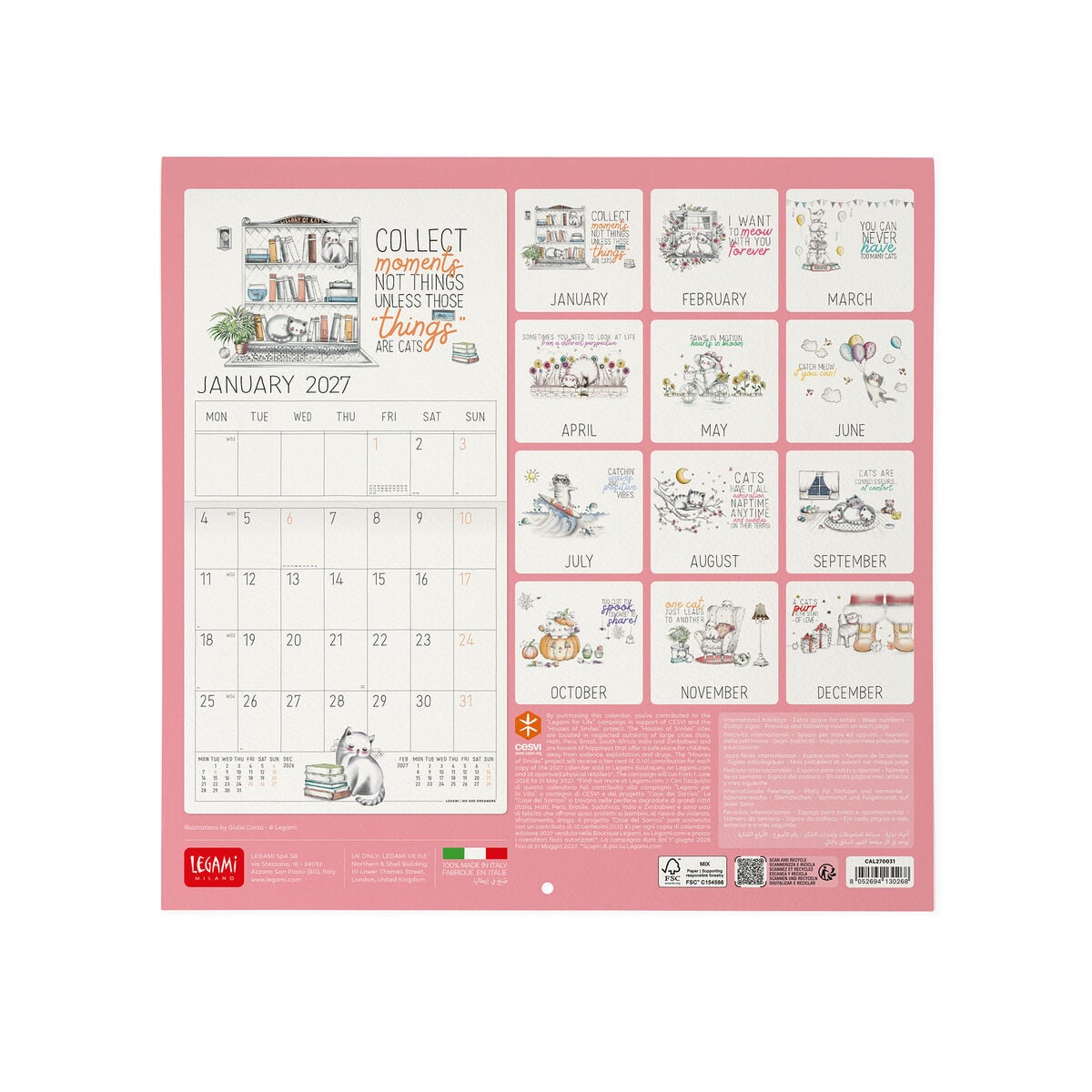Legami - Calendario de pared Sketchy Cats 2027 - 30 x 29 cm