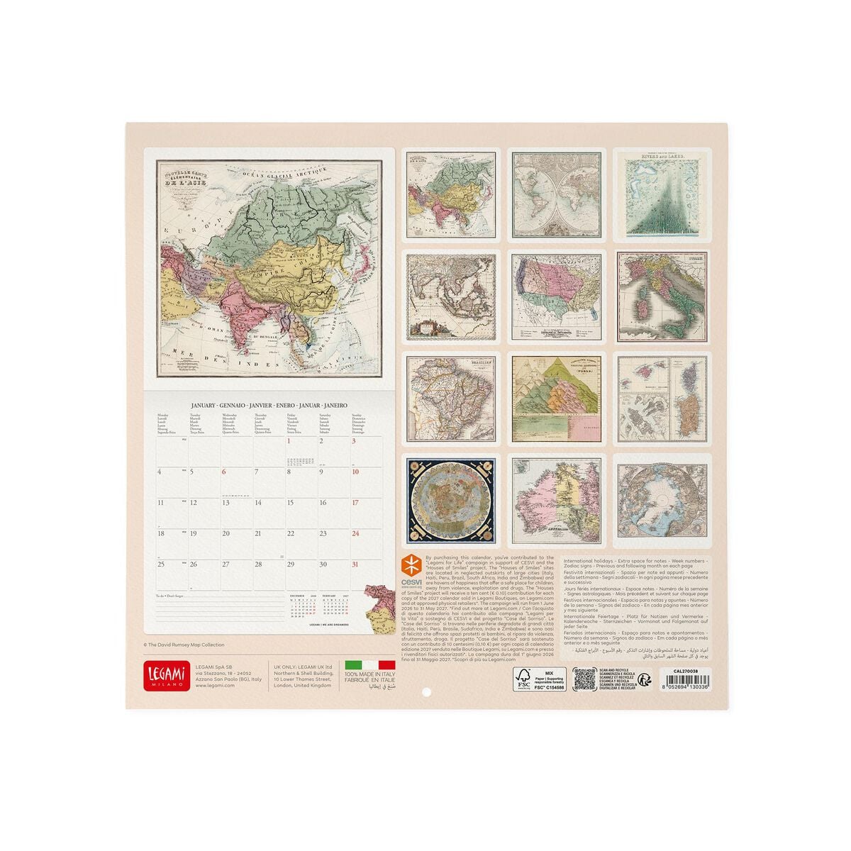 Legami - Calendario de pared Vintage Maps 2027 - 30 x 29 cm