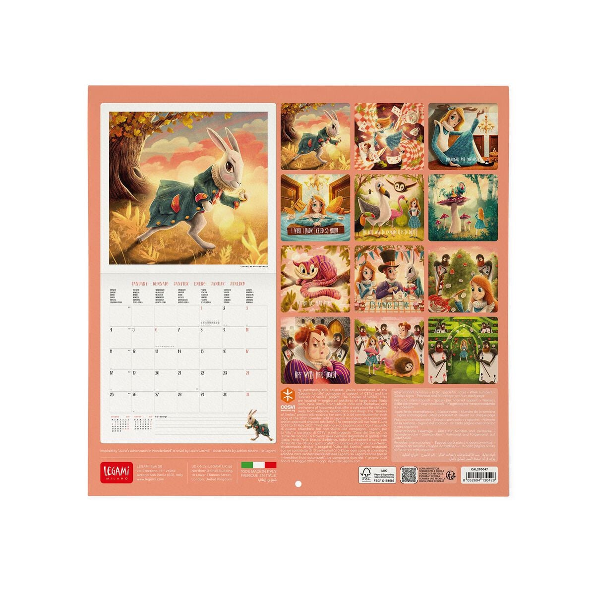 Calendario de pared Legami - Alicia en el País de las Maravillas 2027 - 30 x 29 cm