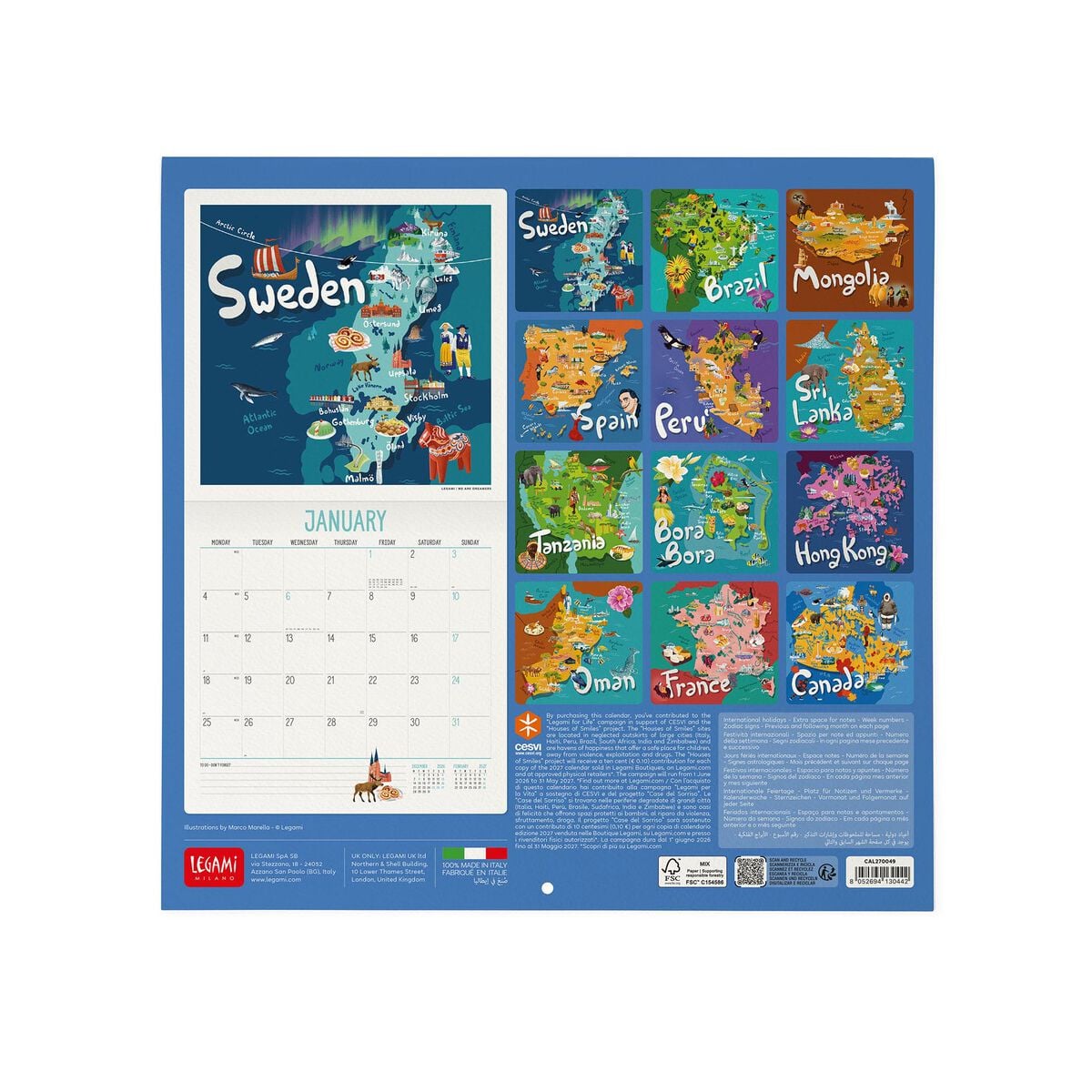 Legami - Let's Viajar World 2027 Calendario de Pared - 30 x 29 cm