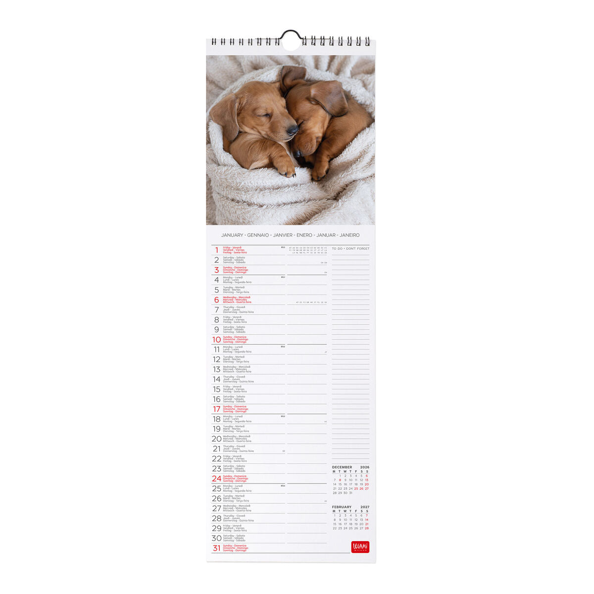 Legami - Calendario de Pared 2027 Perritos - 16 x 49 cm