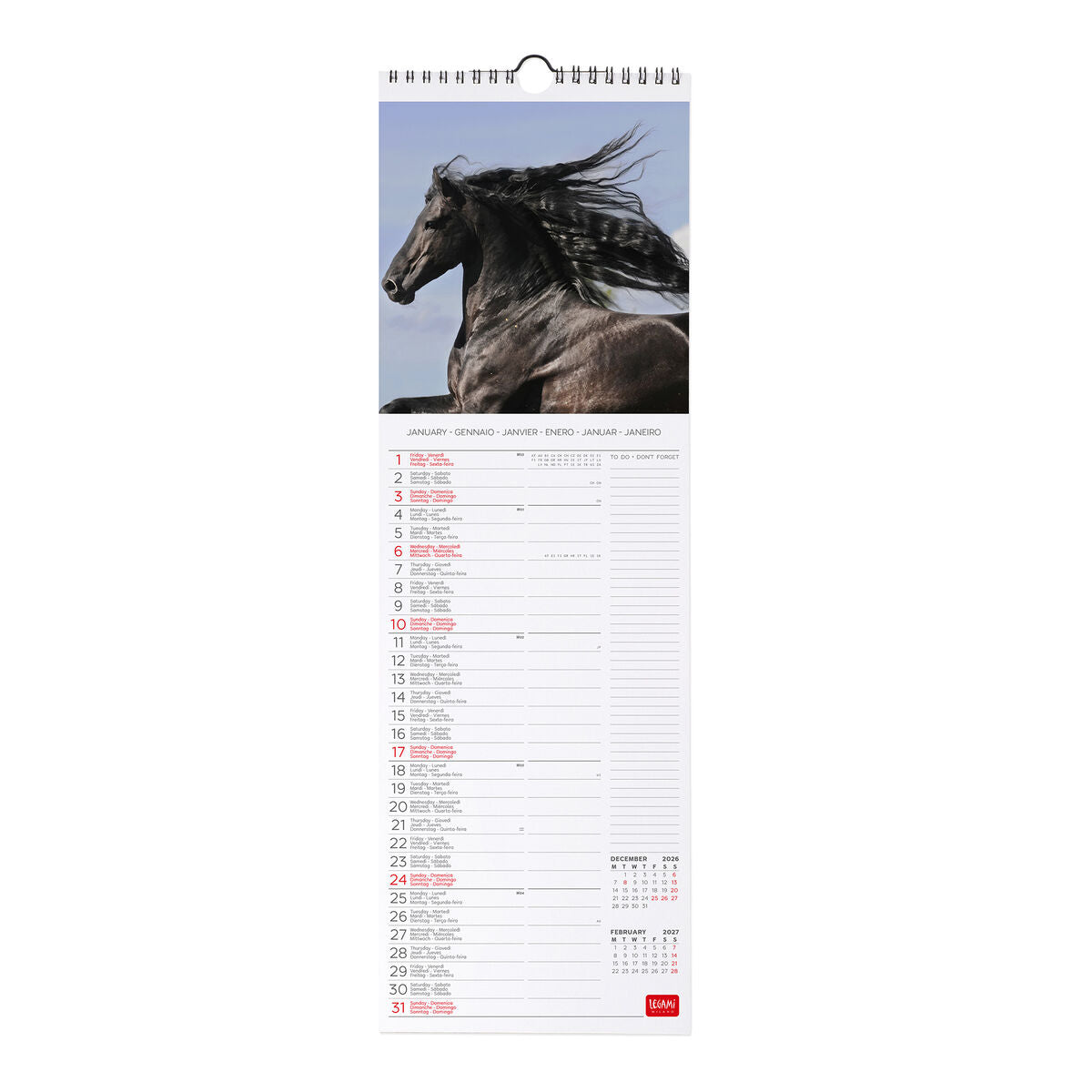 Legami - Calendario de Pared Wild Horses 2027 - 16 x 49 cm