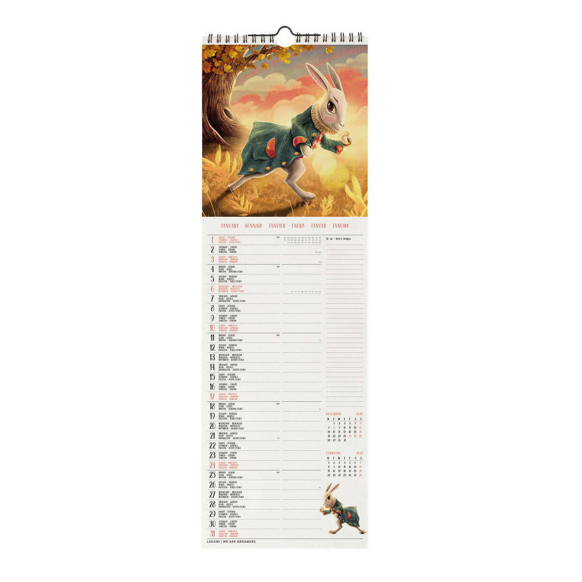 Legami - Calendario de pared Alicia en el País de las Maravillas 2027 - 16 x 49 cm