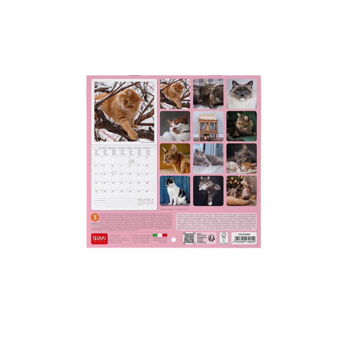 Legami - Calendario de pared Cats 2027 - 18 x 18 cm