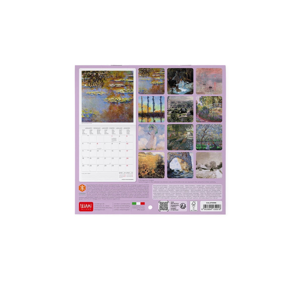 Calendario de pared Legami - Claude Monet 2027 - 18 x 18 cm