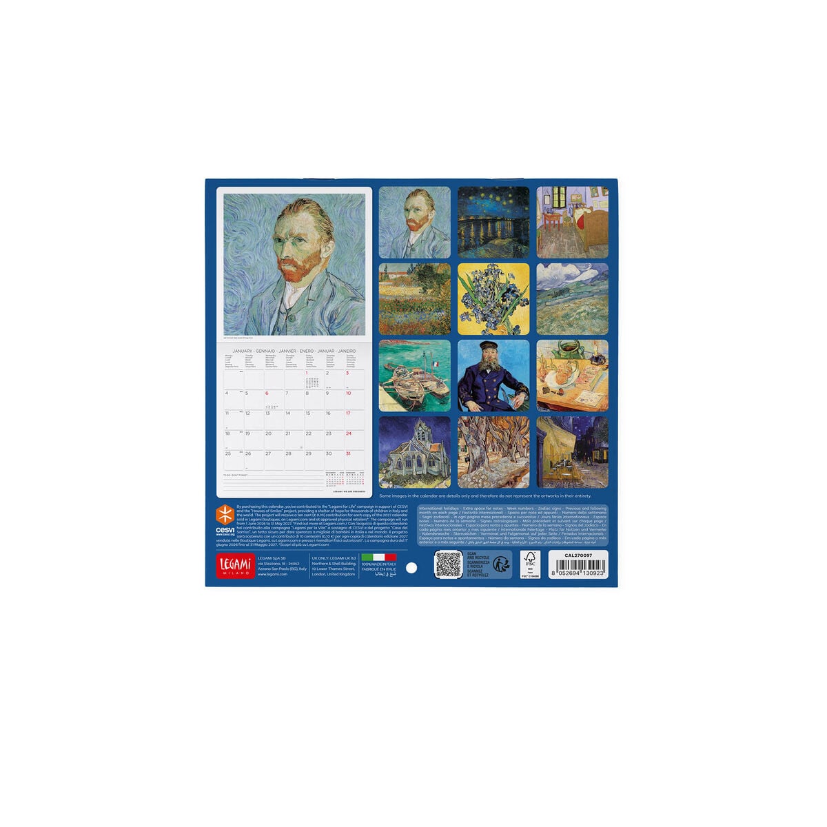 Legami - Calendario de pared Vincent Van Gogh 2027 - 18 x 18 cm