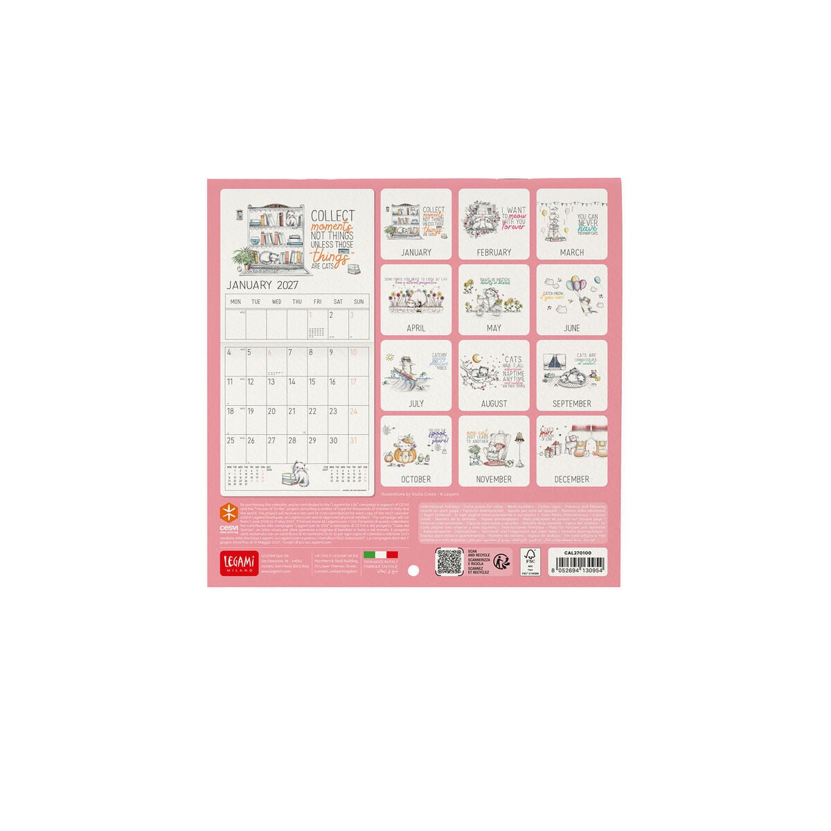 Calendario de pared Legami - Sketchy Cats 2027 - 18 x 18 cm