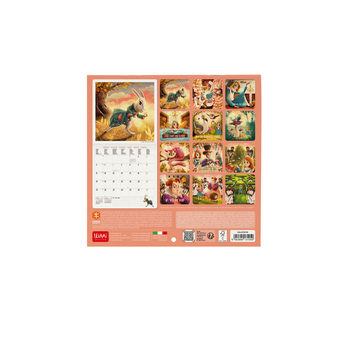 Calendario de pared Legami - Alicia en el País de las Maravillas 2027 - 18 x 18 cm