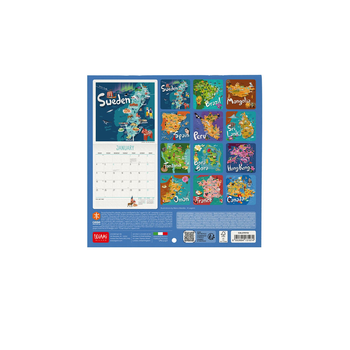 Legami - Calendario de pared Let's Travel the World 2027 - 18 x 18 cm