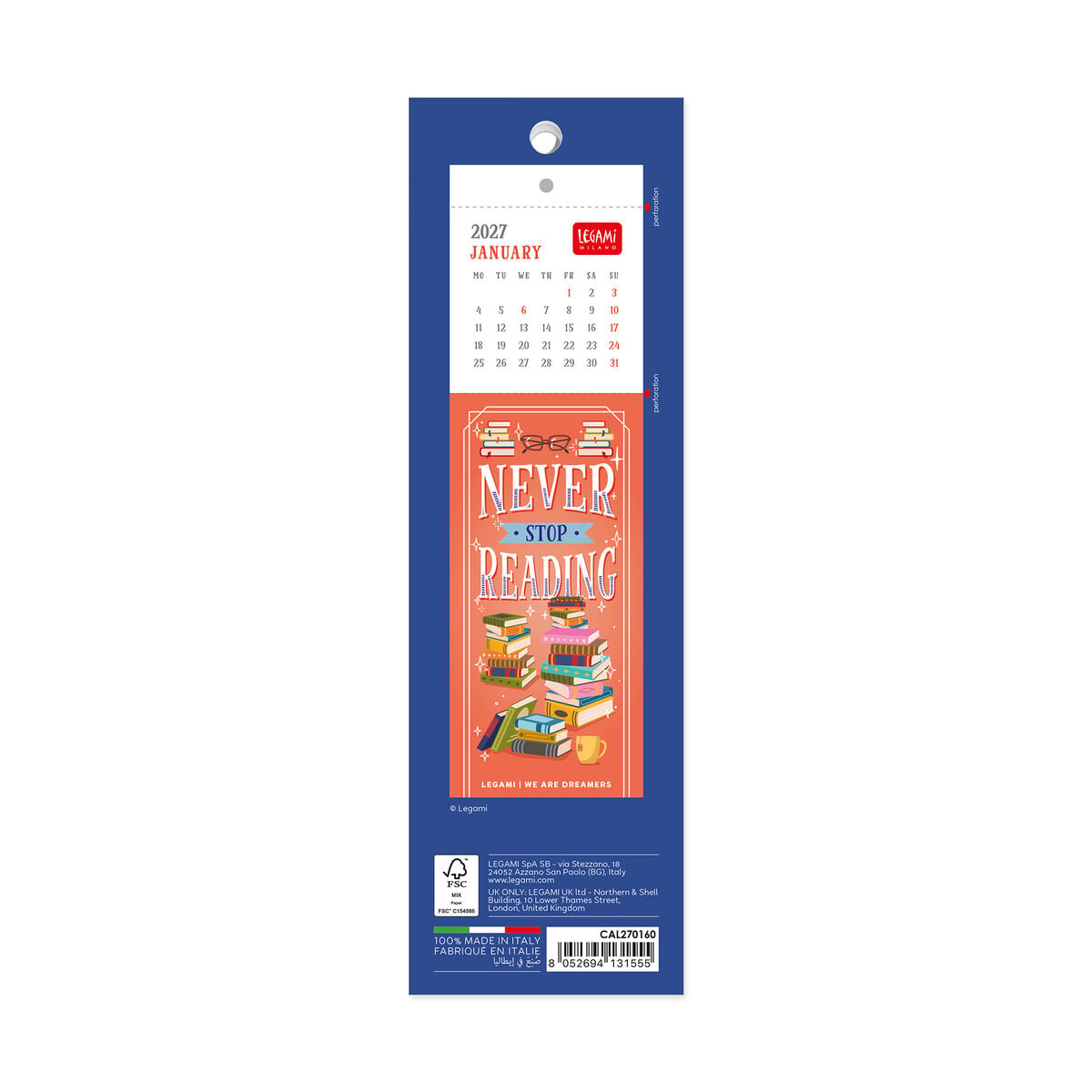 Legami - Calendario de Marcapáginas Book Lover's 2027 - 5,5 x 18 cm