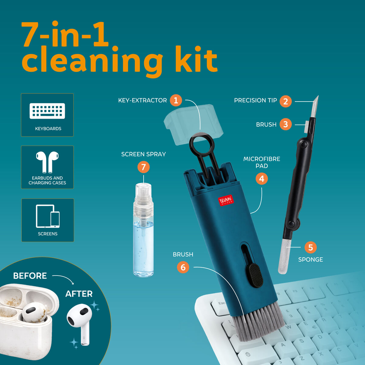 Legami - Kit de limpieza para dispositivos electrónicos - Kit de limpieza 7 en 1