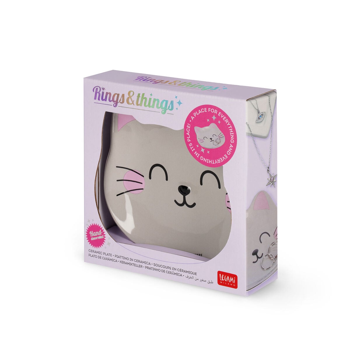 Legami – Bandeja de cerámica decorada a mano – Gato – Anillos y accesorios