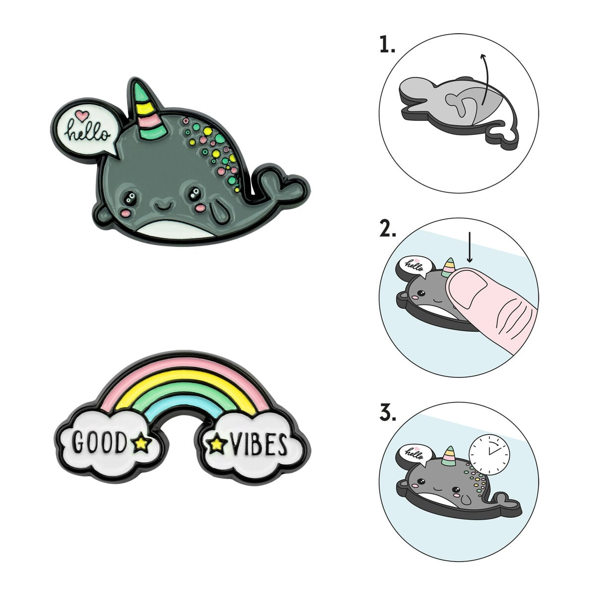 Legami - Set de 2 Pegatinas de Metal Narwhal + Arcoíris - Cutie
