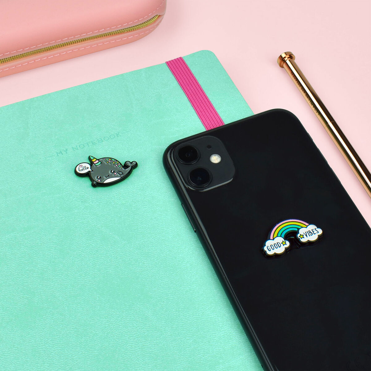 Legami - Set de 2 Pegatinas de Metal Narwhal + Arcoíris - Cutie
