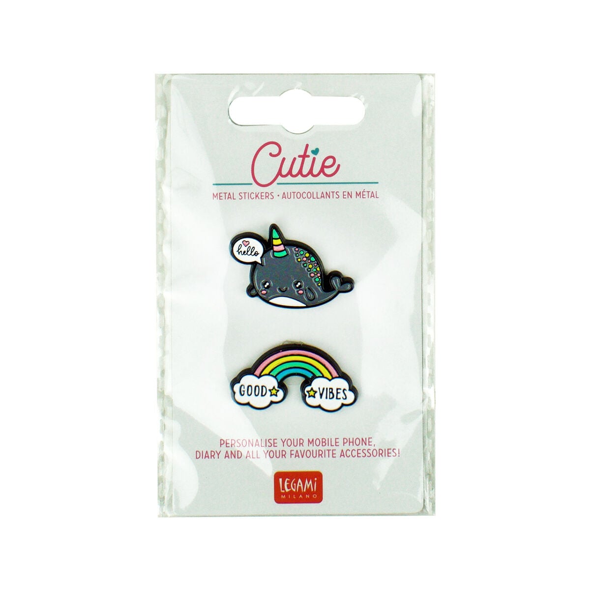 Legami - Set de 2 Pegatinas de Metal Narwhal + Arcoíris - Cutie