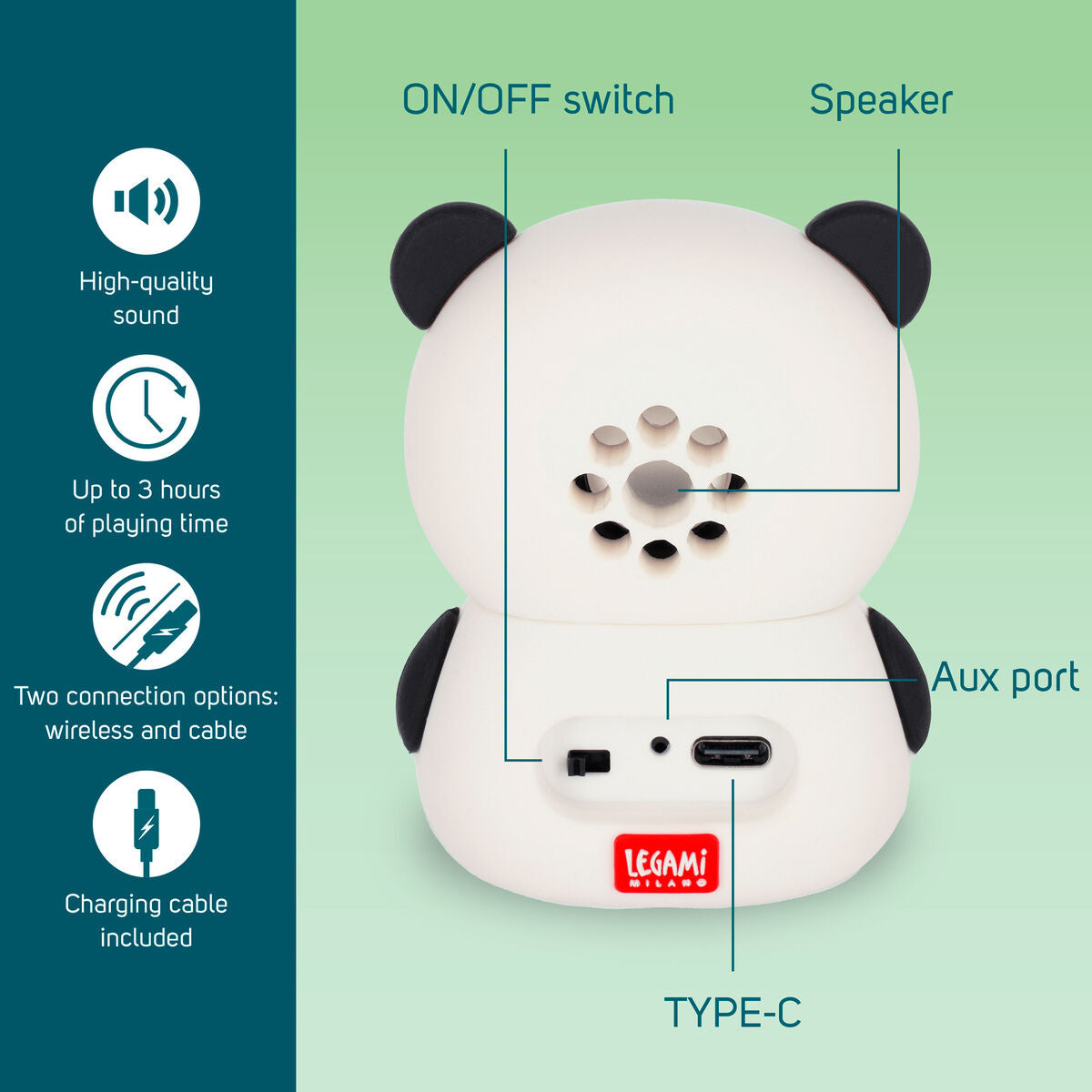 Legami - Altavoz Inalámbrico con Soporte - Panda - Sound Cuteness