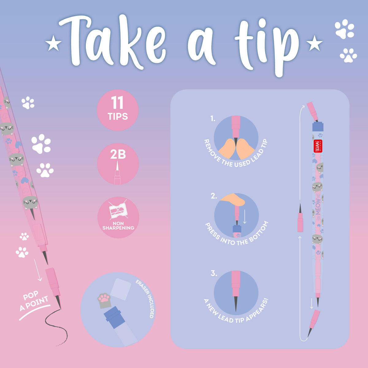 Legami - Kitty Apilable Lápiz con Goma - Take a Tip