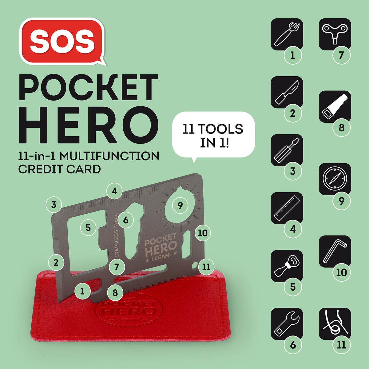 Legami - Herramienta múltiple de acero inoxidable 11 en 1 con forma de tarjeta de crédito - SOS Pocket Hero