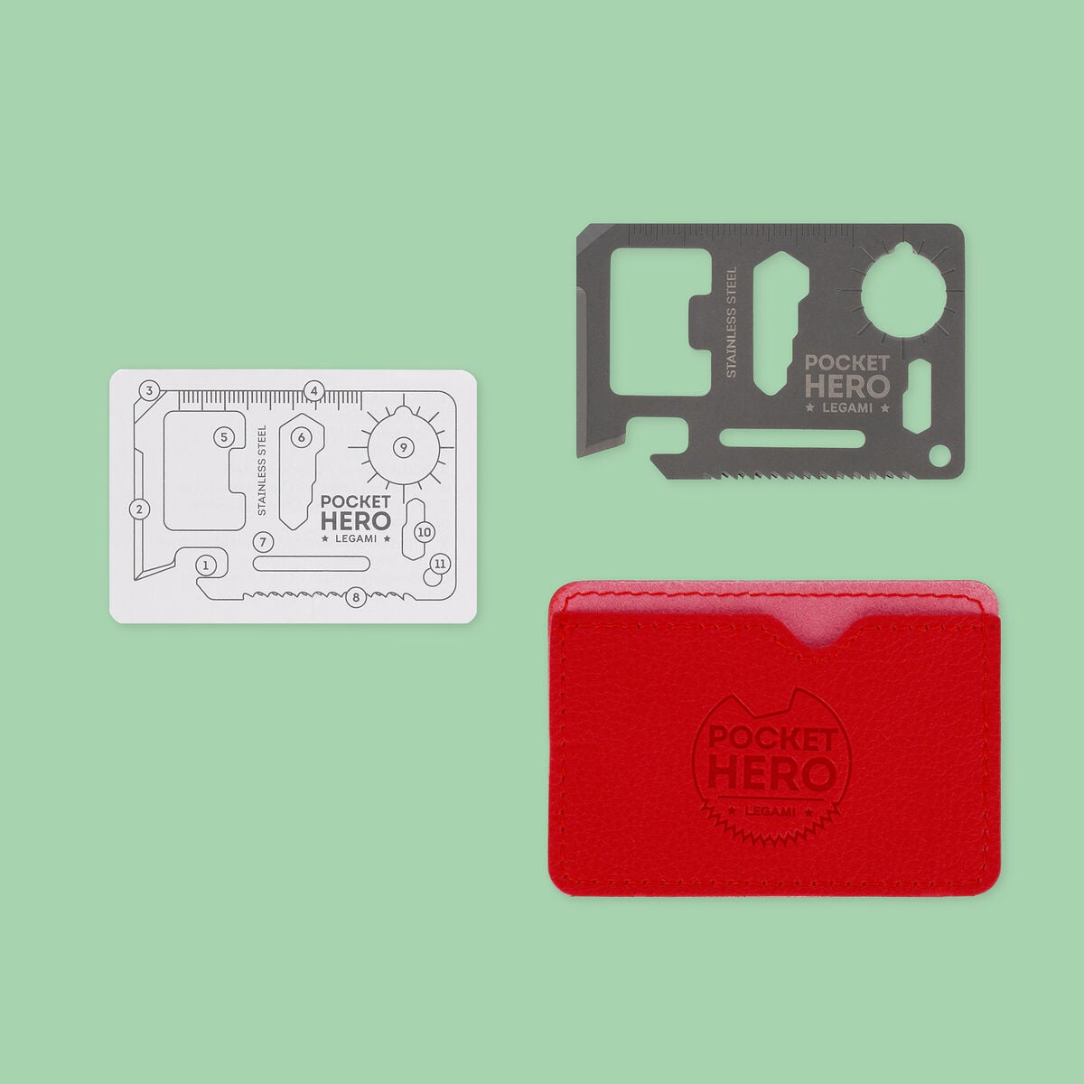 Legami - Herramienta múltiple de acero inoxidable 11 en 1 con forma de tarjeta de crédito - SOS Pocket Hero