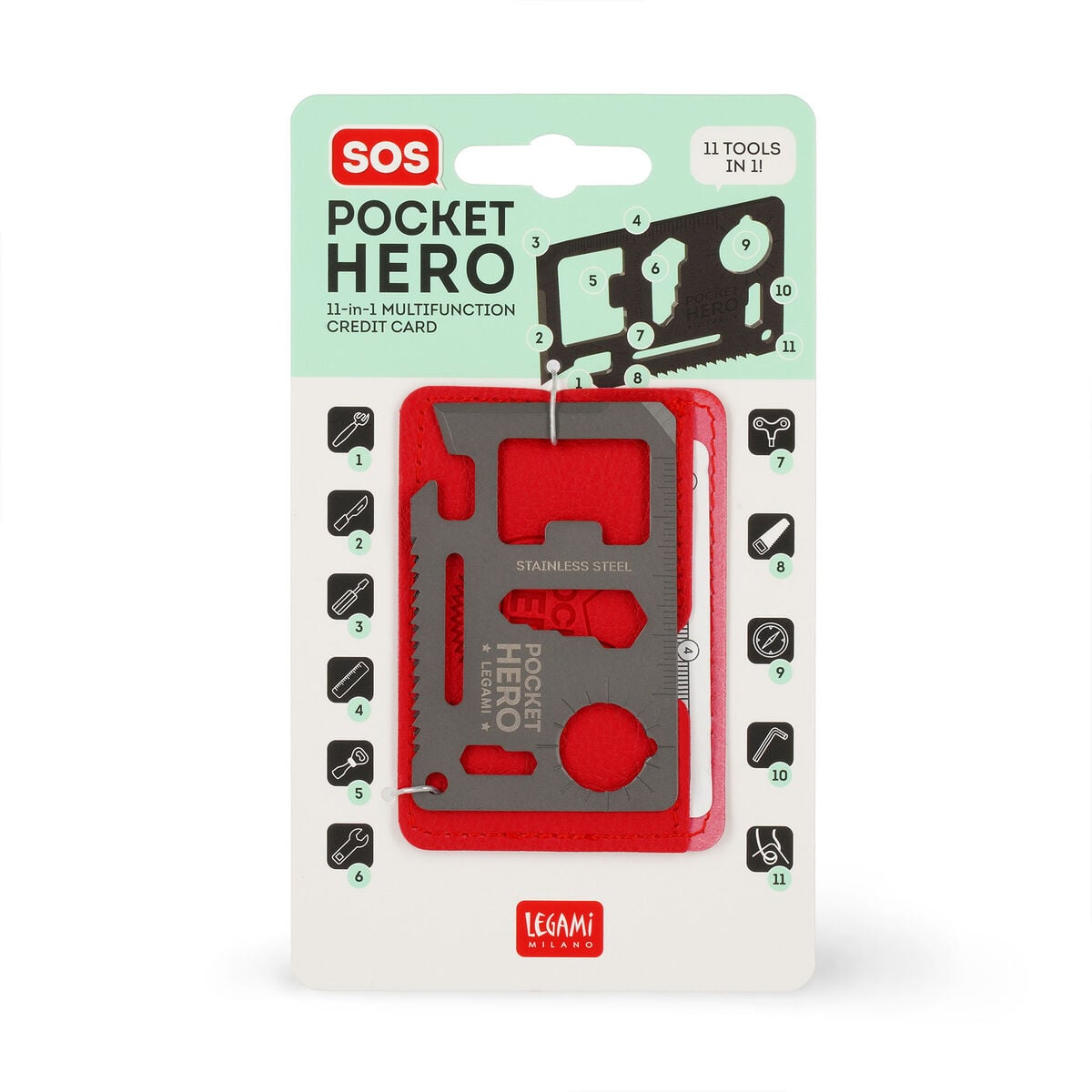 Legami - Herramienta múltiple de acero inoxidable 11 en 1 con forma de tarjeta de crédito - SOS Pocket Hero