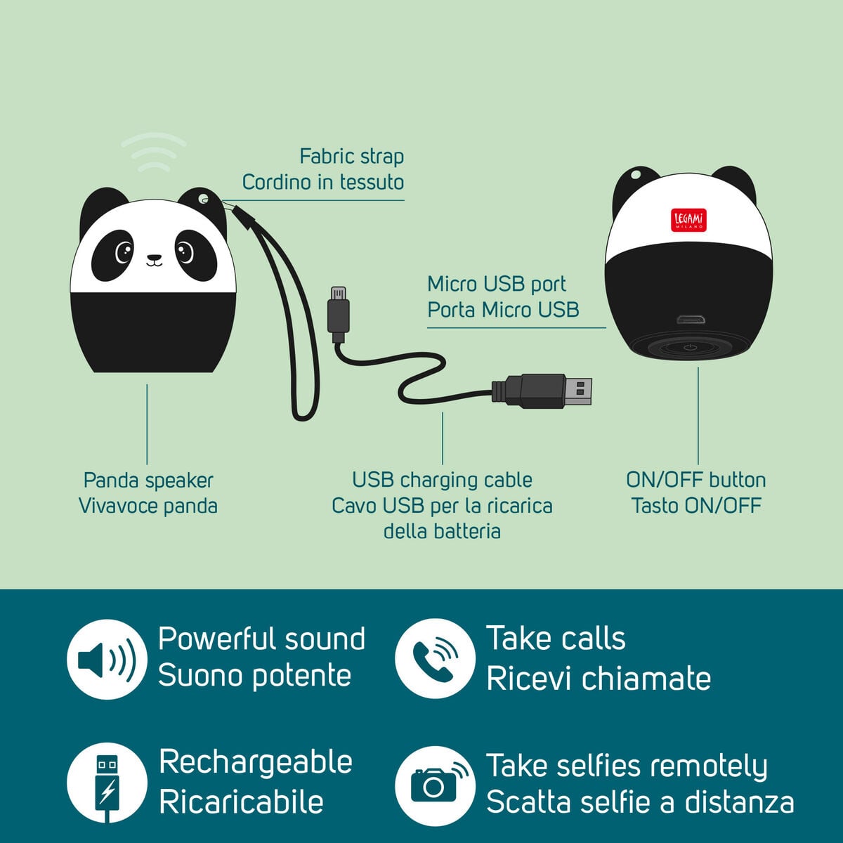 Legami - Mini Altavoz Inalámbrico Manos Libres Panda - Sube el Volumen