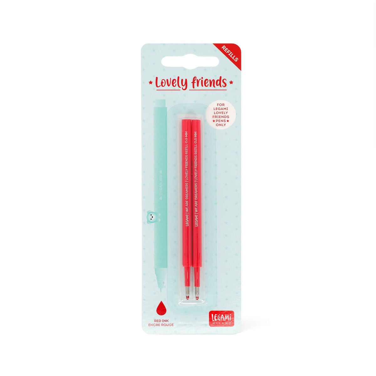 Legami - Set de 2 recambios bolígrafos con purpurina Amigos adorables - Tinta roja