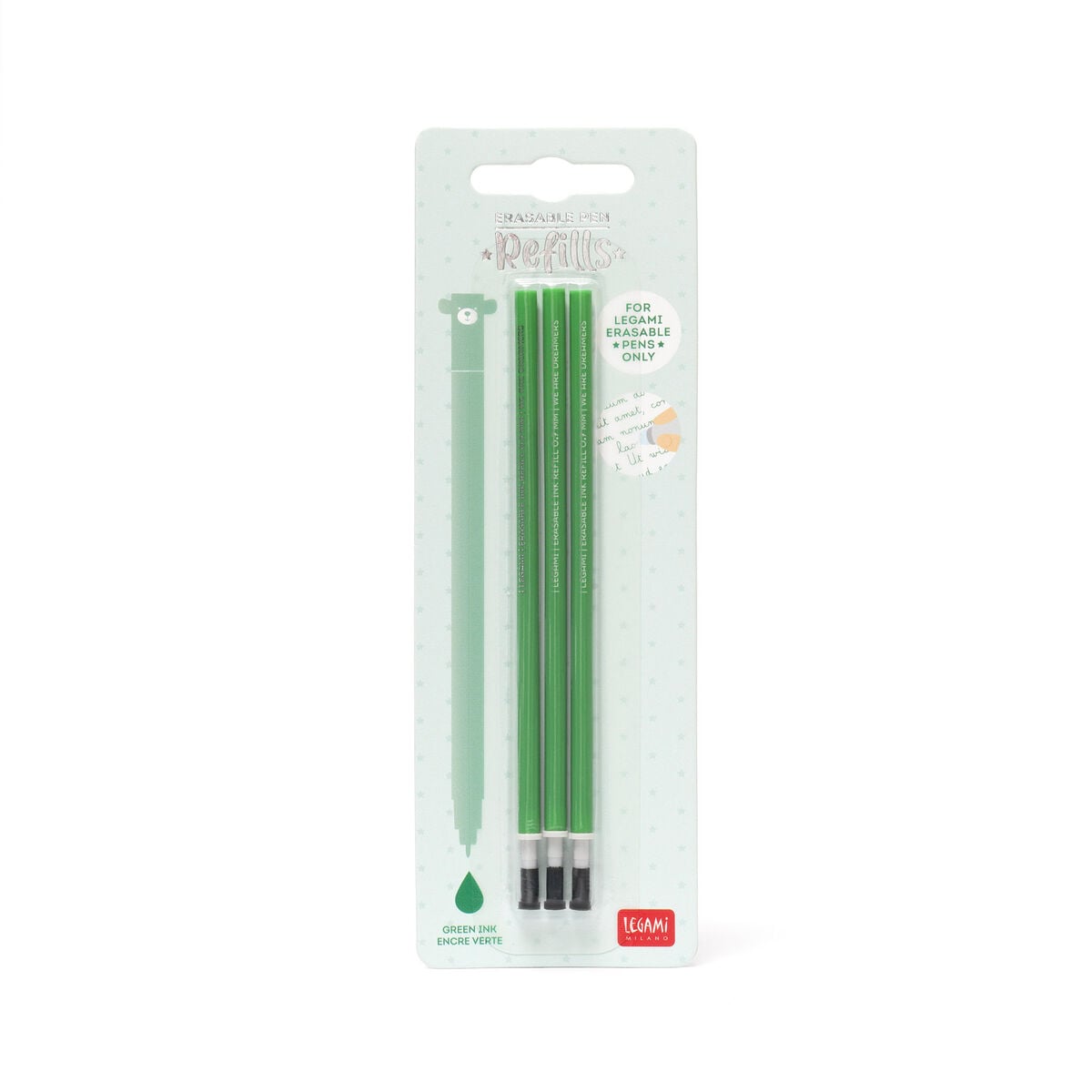 Legami - Recambios para bolígrafos borrables, juego de 3, tinta verde