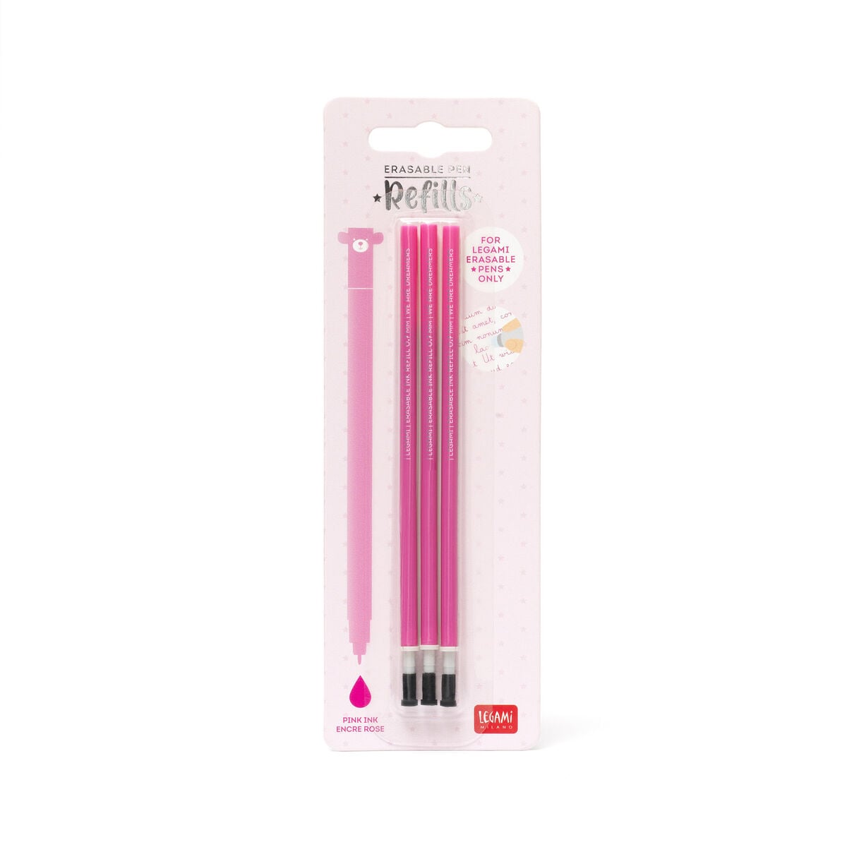 Legami - Set de 3 recambios para bolígrafos borrables - Tinta rosa - Bolígrafo borrable