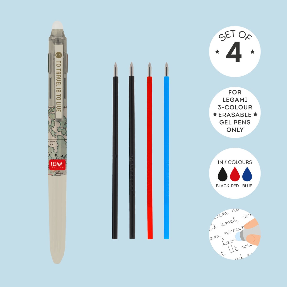 Legami - Recambios de bolígrafos de gel borrables de 3 colores, juego de 4