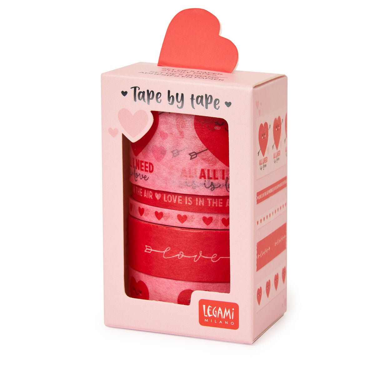 Legami - Juego de 5 cintas adhesivas decorativas de papel con forma de corazón - De cinta a cinta